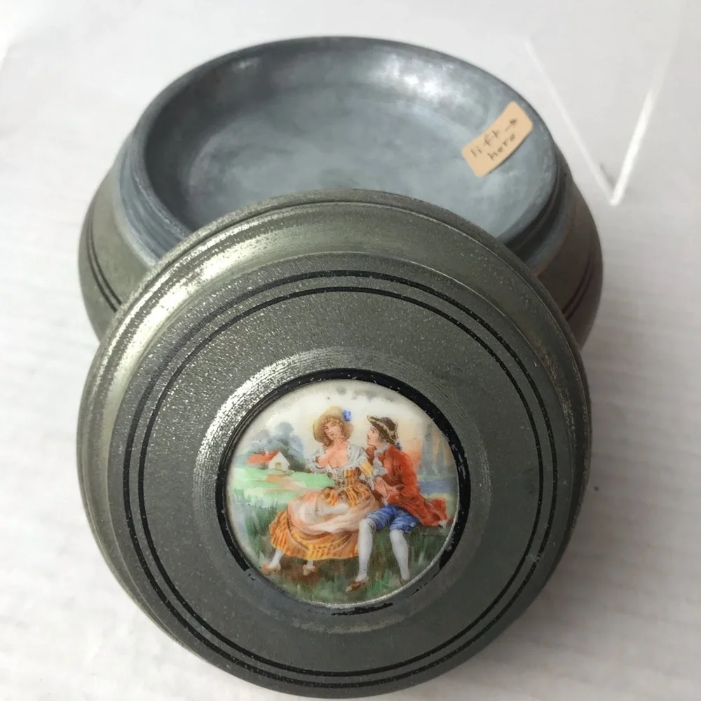 Vintage Metallic Powder Puff Music Box - Vanity Round Drum Box - Switzerland